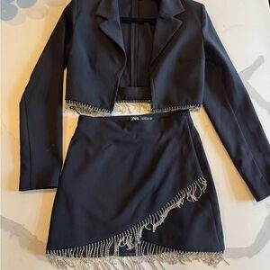 Zara Black Mini Skirt and Top with Silver Fringe